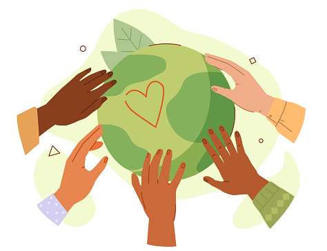 Diversity People Hands Touching Planet Earth. Multicultural Characters Supporting each other. Tolerance, Unity and Peace Metaphor. Flat Cartoon Vector Illustration.