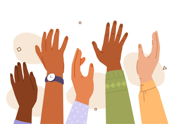 raised hands Diversity People Raising Hands Up. Multicultural Characters Celebrating, Participating, Asking Questions or Supporting each other. Flat Cartoon Vector Illustration. hand raised stock illustrations