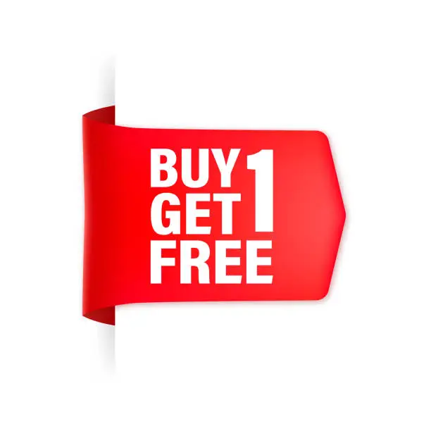 Vector illustration of Buy 1 Get 1 Red ribbon on white background. Vector illustration.