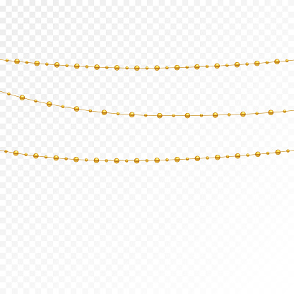 Collection of gold holiday beads isolated on white background. Realistic necklace made of fine pearls. Business decor element for design.