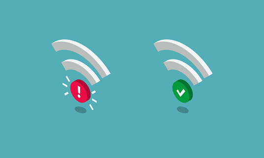 Protected and unprotected wi-fi symbols, isolated on blue background. Flat design, easy to use for your website or presentation.