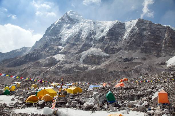 istock View from Mount Everest base camp, tents, prayer flags 1295793603