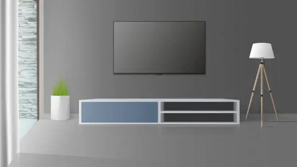 Vector illustration of TV on a gray wall. Turn off the TV, a long loft bedside table. Vector illustration.