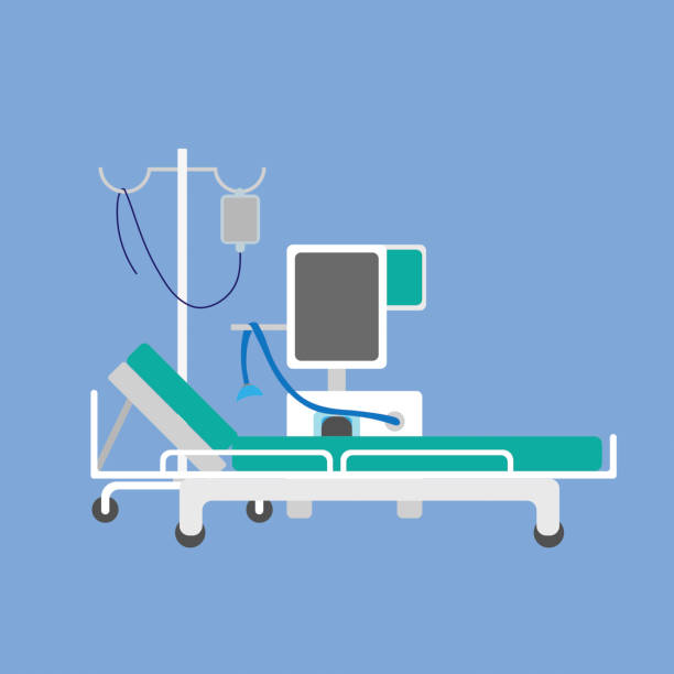 Hospital bed isolated on a blue background. Dropper, ventilator. Vector illustration. Hospital bed isolated on a blue background. Dropper, ventilator. Vector illustration. hospital bed wheels stock illustrations