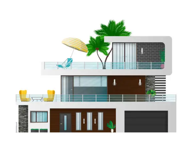 Vector illustration of Large modern three-story house. Cottage, town house with shadows. Architectural visualization of the cottage outside. Realistic vector illustration.