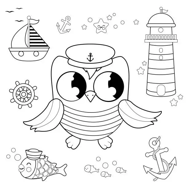 Vector illustration of Baby sailor owl marine nautical set. Vector black and white coloring page