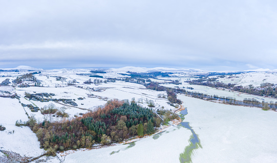 The view from a drone of a winter scene in rural Dumfries and Galloway south west Scotland