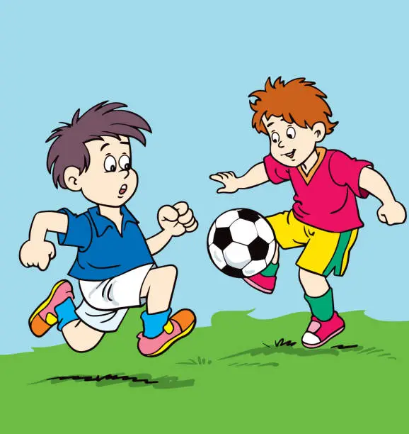 Vector illustration of Boys play football soccer. Vector illustration with kids and summer landscape.