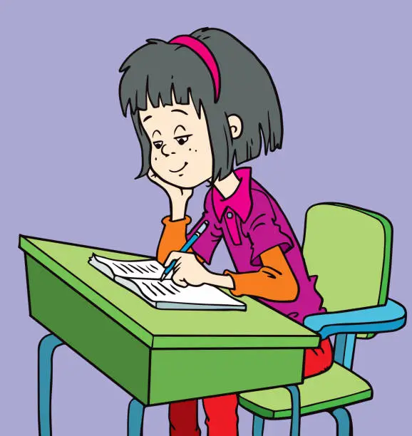 Vector illustration of Cute girl writing at her desk. Vector illustration of a little girl writing and thinking.