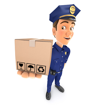 3d policeman standing and holding package, illustration with isolated white background
