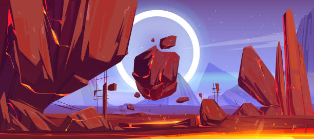 Futuristic landscape of alien planet with lava Alien planet landscape with mountains, flying rocks and red lava in cracks. Vector cartoon fantasy illustration of outer space with magma on planet surface, stars and glowing ring in sky remarkable hell stock illustrations