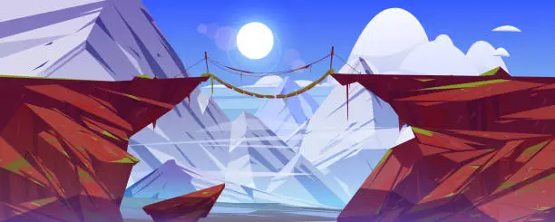 Vector illustration of Bridge between mountains hang above cliff gap