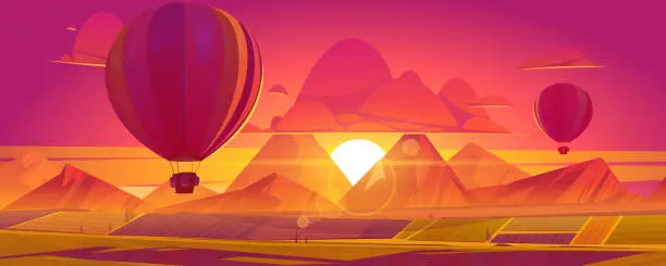 Vector illustration of Hot air balloons flying above fields and mountains