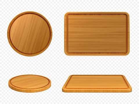 Wooden pizza and cutting boards top or front view