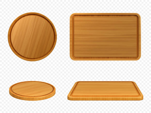 Wooden pizza and cutting boards top or front view Wooden pizza and cutting boards top or front view. Trays of round and rectangular shapes, natural, eco-friendly kitchen utensils made of wood isolated on white background, realistic 3d vector set cutting board stock illustrations