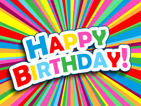 HAPPY BIRTHDAY! colorful vector typography banner with radial lines