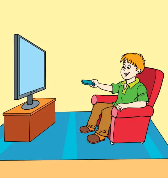 Vector illustration of Boy sitting on sofa and watching tv.