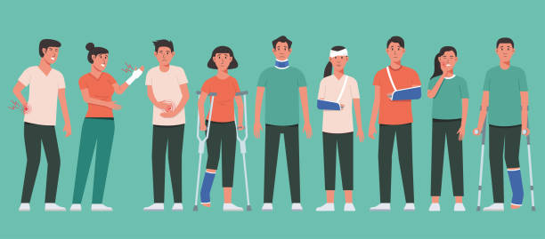physical injuries concept of young character with fracture or broken of body parts Human body pain and physical injury concept of young man and woman character with fracture or broken arm wearing a sling, leg brace, and neck collar with gypsum and crutch, vector cartoon illustration man with arm sling stock illustrations
