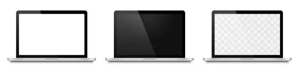 Vector illustration of Set of realistic laptop with blank screen. White, black and transparent empty modern screen. Blank display mockup.