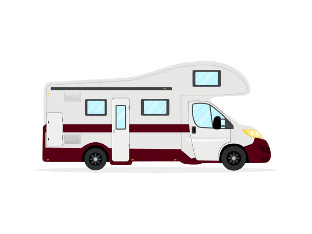 camping-anhänger, reisen mobilheim, wohnmobil auf weißer farbe hintergrund in flachen cartoon-stil. - motor home mobile home isolated vehicle trailer stock-grafiken, -clipart, -cartoons und -symbole