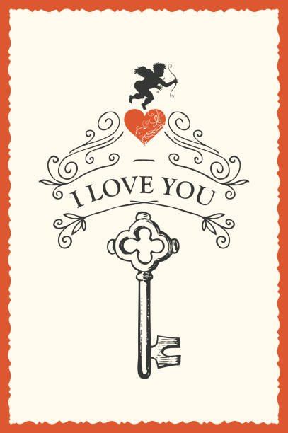 vintage valentinstag karte mit schlüssel, herz und amor - cupid love red affectionate stock-grafiken, -clipart, -cartoons und -symbole