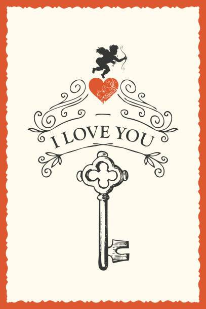 старинные валентина карты с ключом, сердце и купидон - cupid love red affectionate stock illustrations