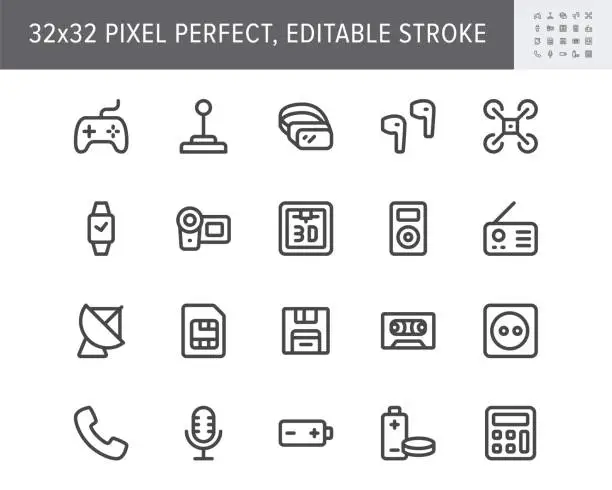 Vector illustration of Electronic devices simple line icons. Vector illustration with minimal icon - joystick, controller, vr glasses, drone, camera, 3d printer, retro technology. 32x32 Pixel Perfect. Editable Stroke