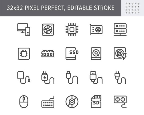 elektrische komponente einfache linie symbole. vektor-illustration mit minimalem symbol - chip, computer, cpu, gpu, ram, festplatte, maus, tastatur, speicherkarten-hardware. 32 x 32 pixel perfekt. bearbeitbarer strich - usb memory stock-grafiken, -clipart, -cartoons und -symbole