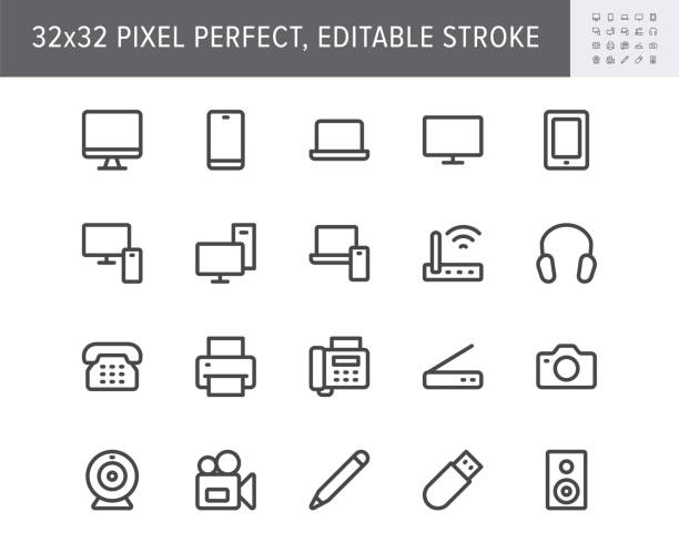 ilustrações de stock, clip art, desenhos animados e ícones de computer devices simple line icons. vector illustration with minimal icon - laptop, pc, smartphone, tv, monitor, tablet, fax, landline phone and office equipment. 32x32 pixel perfect. editable stroke - pendrive