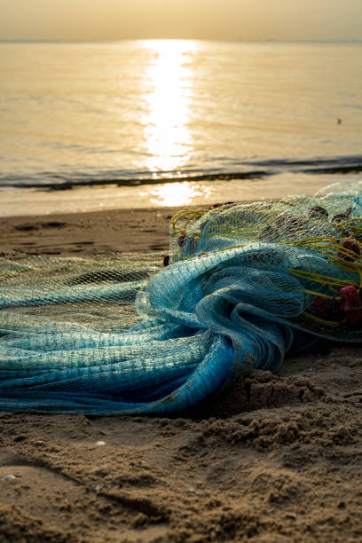 istock Blue fishing net on a beach sand 1295810862