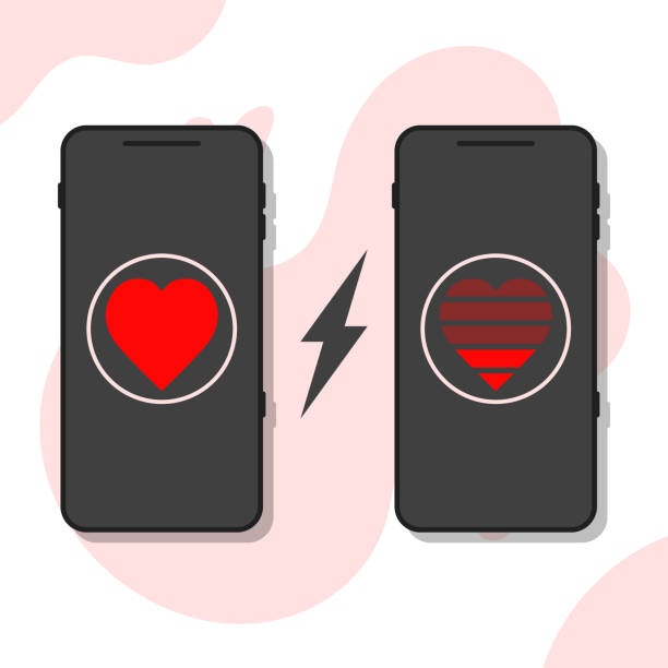 two mobile phones and full and low power heart shape indicators, love charging vector concept two mobile phones and full and low power heart shape indicators, love charging vector concept distant love stock illustrations