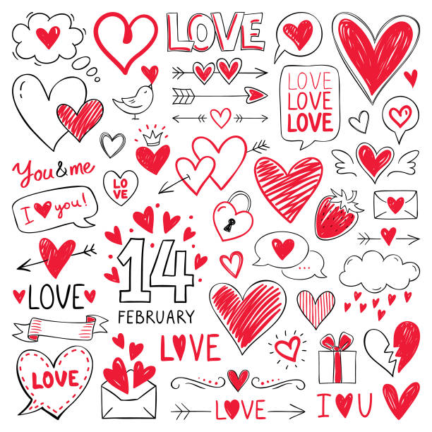 Hearts and design elements for Valentine's Day Doodle design elements isolated on white background love stock illustrations