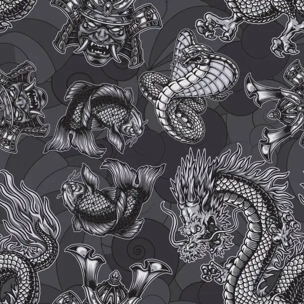 Vector illustration of Japanese monochrome seamless pattern