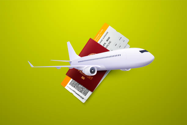 Travel agency concept. Vector 3d illustration of passport, boarding pass and airplane. Travel agency concept. Booking service. Air transportation. Flight tickets. Advertising banner. aeroplane ticket stock illustrations