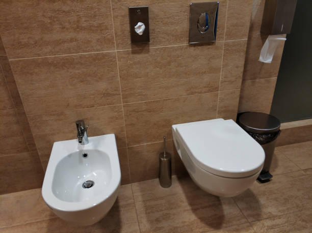 istock Stylish dressing room with bidet. Beige tiles 1295813565
