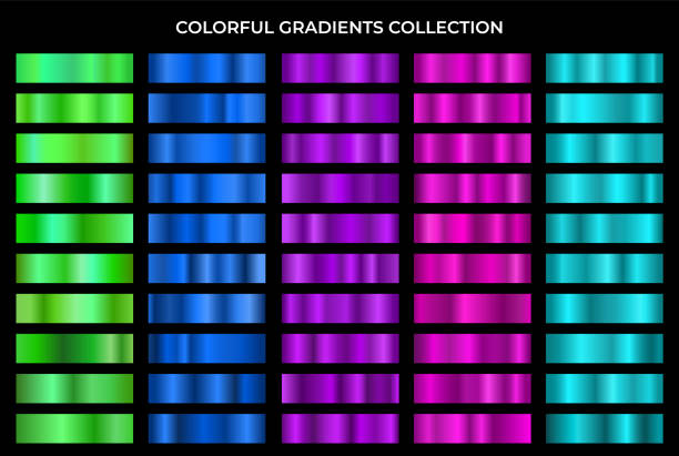 カラフルなグラデーションコレクション。緑、青、紫、紫とターコイズテクスチャグラデーションの背景ベクトルセット。グラデーションボタン、フレーム、リボン、ラベルのための光沢の� - metallic green backgrounds metal点のイラスト素材／クリップアート素材／マンガ素材／アイコン素材