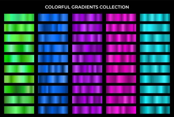 Vector illustration of Colorful gradients collection. Green, blue, violet, purple and turquoise texture gradation backgrounds vector set. Shiny and bright gradient collection for gradient button, frame, ribbon and label.