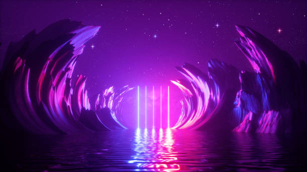 istock 3d render, abstract neon background with glowing laser vertical lines, rocks under the starry night sky and reflection in the water. Futuristic terrain, fantasy landscape 1295814753