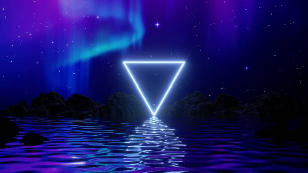 istock 3d render, abstract blue background with white neon triangle, Aurora Borealis glowing lights in the starry night sky above the water. Sacred geometry. 1295814777