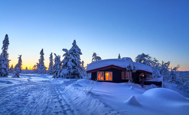 chalet de montagne à l’aube en janvier, synnfjell - oppland county norvège - cabin winter snow hut photos et images de collection