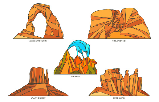Flat vector signs of USA nature landscapes. Arches national park and Antelope canyon, Fly Ranch Geyser, Monument Valley and Bryce mountains. Tourism and travel, sightseeing. US desert map signs