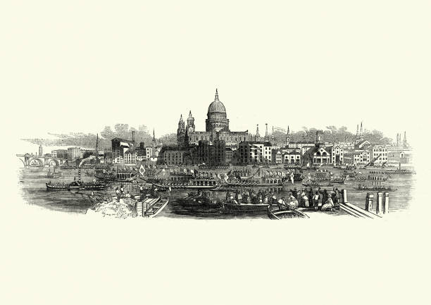 ilustrações, clipart, desenhos animados e ícones de horizonte vitoriano de londres, catedral de são paulo, barcaças no tâmisa, 1850 - thames river illustrations