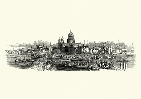 Vintage illustration of Victorian London skyline, St. Paul's Cathedral, barges on the Thames, 1850s
