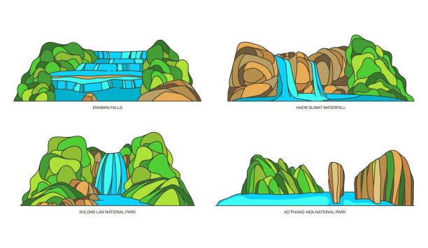 odosobniony wektor tajlandia, azjatyckie naturalne krajobrazy - erawan stock illustrations