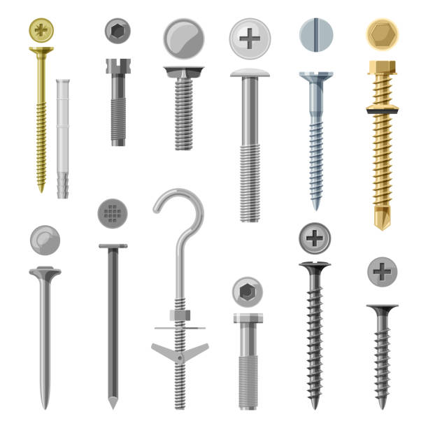 illustrations, cliparts, dessins animés et icônes de ensemble de vis et de clous d’isolement. boulon vectoriel - work tool bolt nut symbol