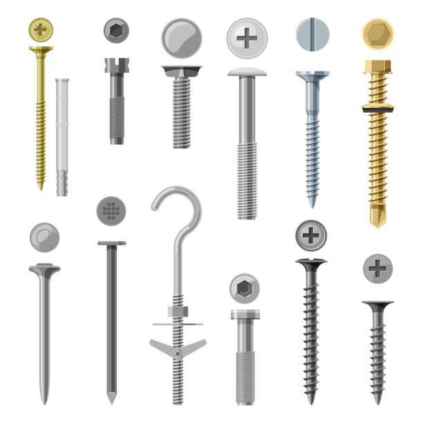 Set of isolated screw and nails. Vector bolt Set of isolated screw and nails. Vector bolt with different nut for drill. Engineering and building tool, construction repair. Hexahedron torx and rivet, mechanical hook fastener. Workshop assortment zinc stock illustrations