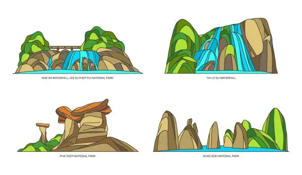 Vector illustration of Set of isolated Thailand natural landscape, sights