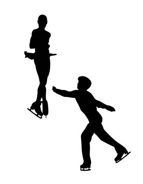 ilustraciones, imágenes clip art, dibujos animados e iconos de stock de par jóvenes patinadores figura silueta negra - ice skating