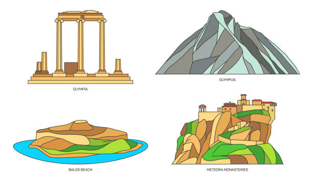 ilustrações, clipart, desenhos animados e ícones de conjunto de sinais para a grécia ou monumentos naturais gregos - meteora monk monastery greece