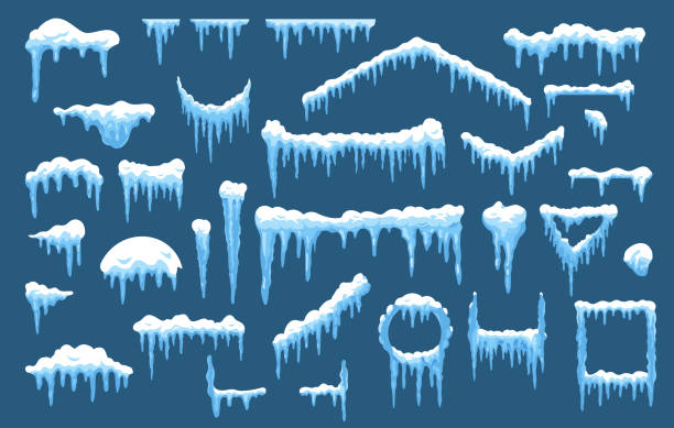 Set of vector winter ice and holiday snow shapes Set of isolated vector ice and snow shapes for house or home roof. Frost circle and rectangle shapes for new year and christmas. Xmas holiday snowcap pile with hanging icicle. Icy and winter snowy cap icicle cartoon stock illustrations